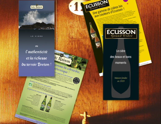 Conception graphique de dossiers de presse pour présenter les cidres des marques Loïc Raison et Ecusson.